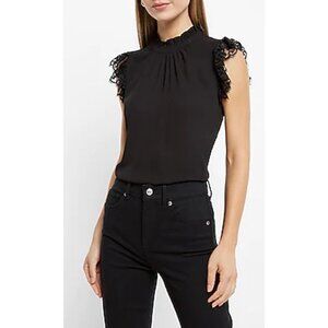 Express Feminine Victorian Ruffle Mock Neck Lace Cap Sleeve Blouse Black S NWT
